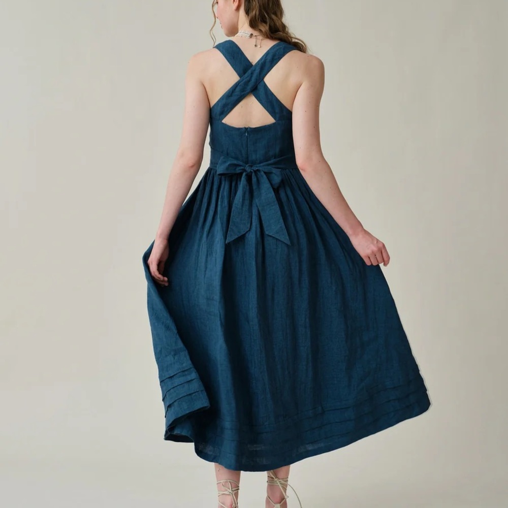 Linennaive Vetiver Cross Back Linen Dress in Steel Blue/Cerulean